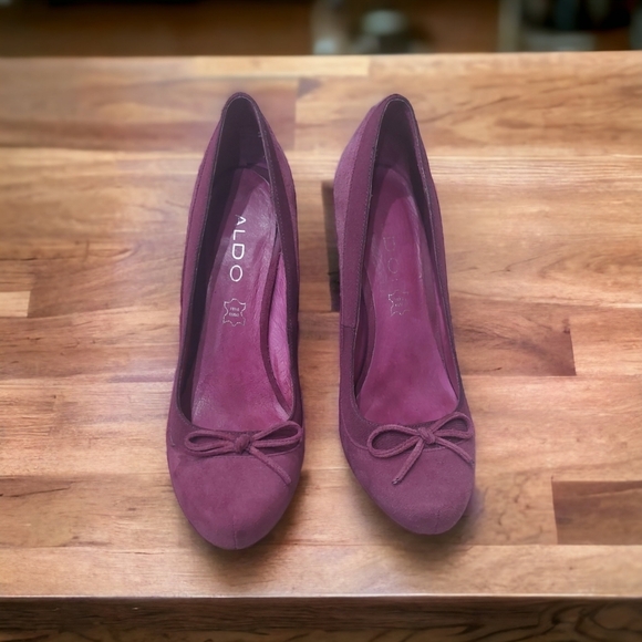 ALDO Suede Leather Heels Purple Plum Cone Block Pumps Women's Size 37/6.5M - Picture 4 of 12